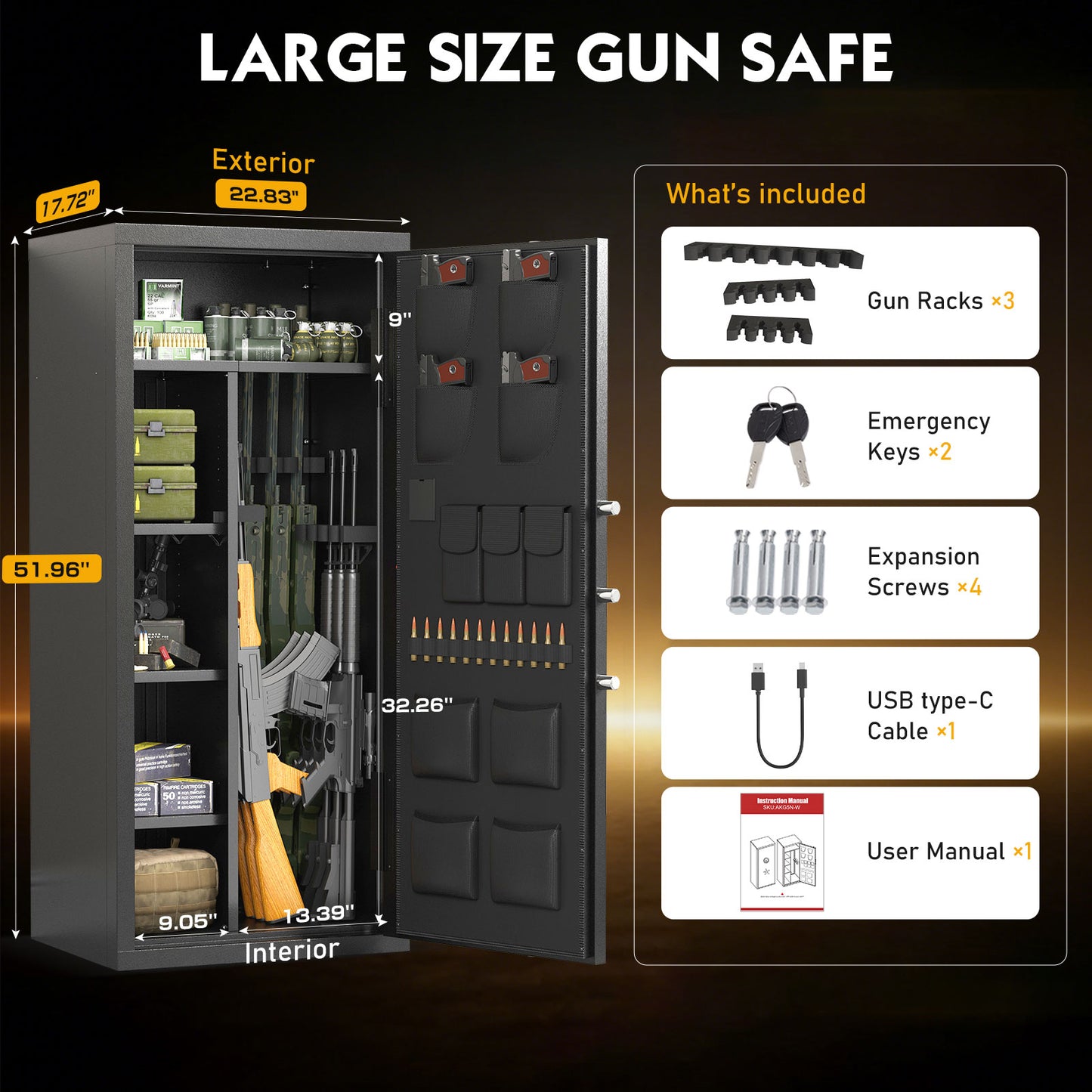 BM-AKG5N-132W Biometric Gun Safe,Large Unassembled Fingerprint Long Gun Safes for Shotguns and Pistols