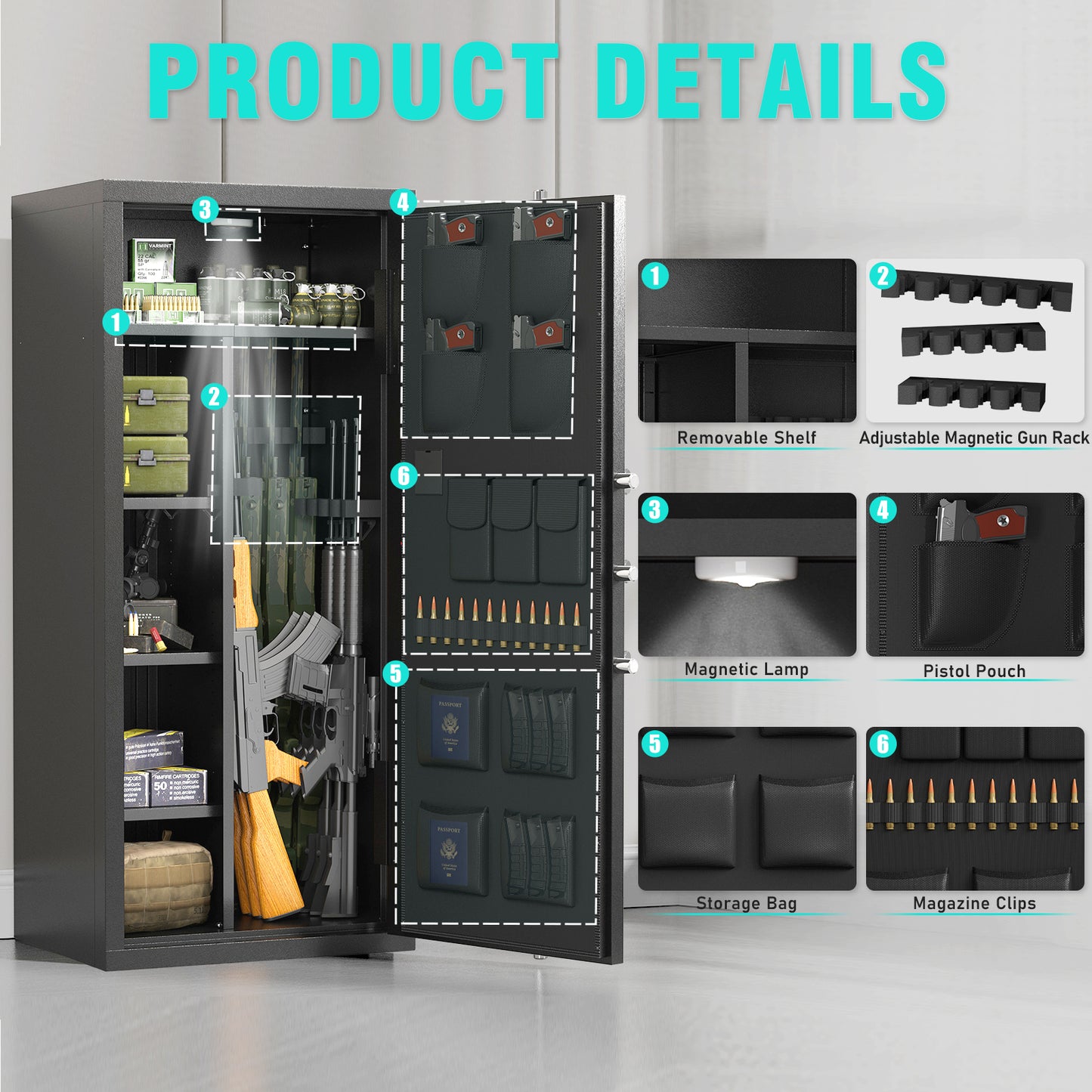 OME-AKG5N-132W 15-20 Gun Safe, Large Fingerprint Gun Safe for Pistols, Unassembled Gun Cabinet with Adjustable Shelf & Gun Rack, Gun Safe for Home and Shotgun, Gun Cabinet with Mute Function & Dual Alarm