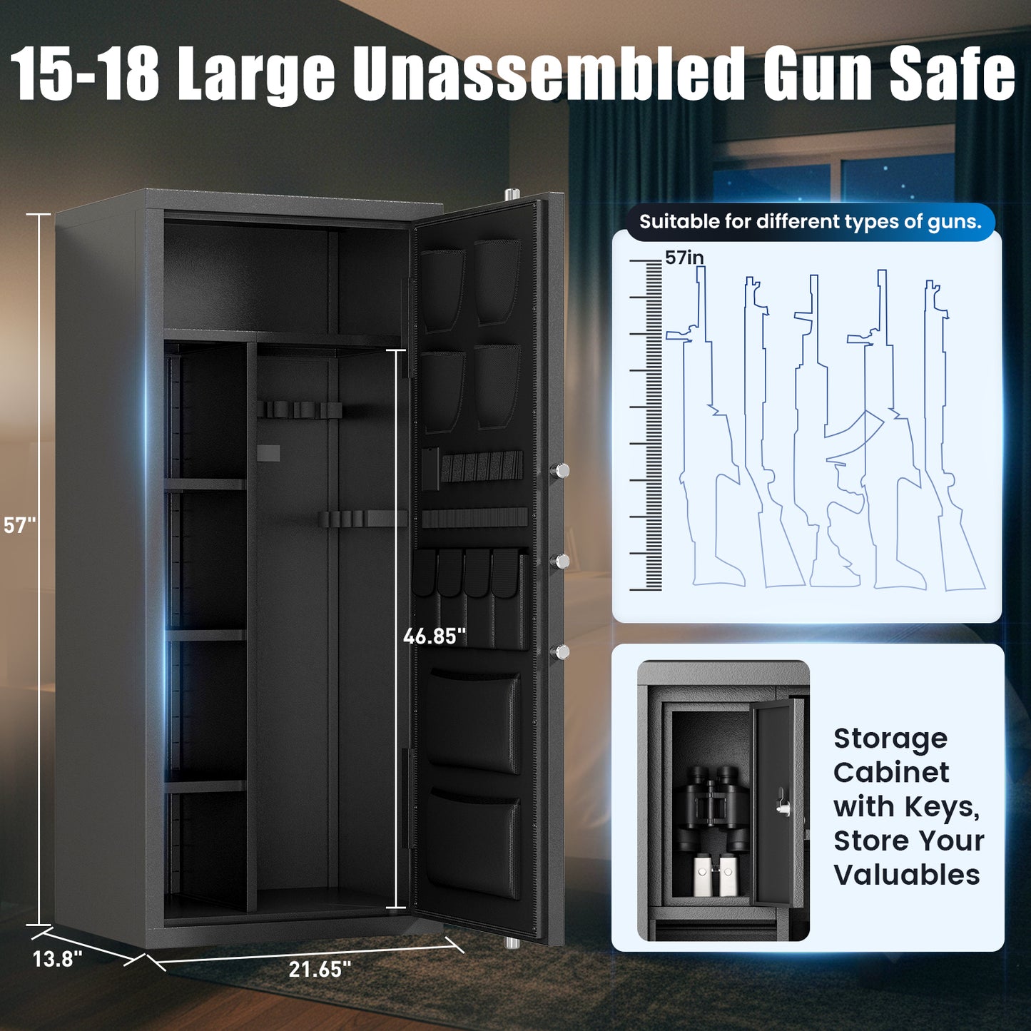 OME AKG6-138W Gun Safe, 8-12 Unassembled Fingerprint Gun Safes with Adjustable Shelves & Inner Cabinet, Large Shotgun Safe with Pistol Bag & Gun Support, Quick Access Gun Cabinet for Home with DIY Sticker