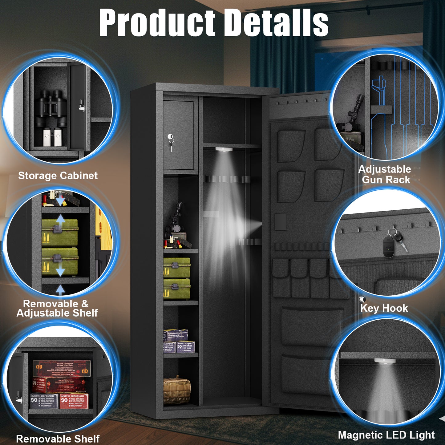 OME AKG6-138W Gun Safe, 8-12 Unassembled Fingerprint Gun Safes with Adjustable Shelves & Inner Cabinet, Large Shotgun Safe with Pistol Bag & Gun Support, Quick Access Gun Cabinet for Home with DIY Sticker