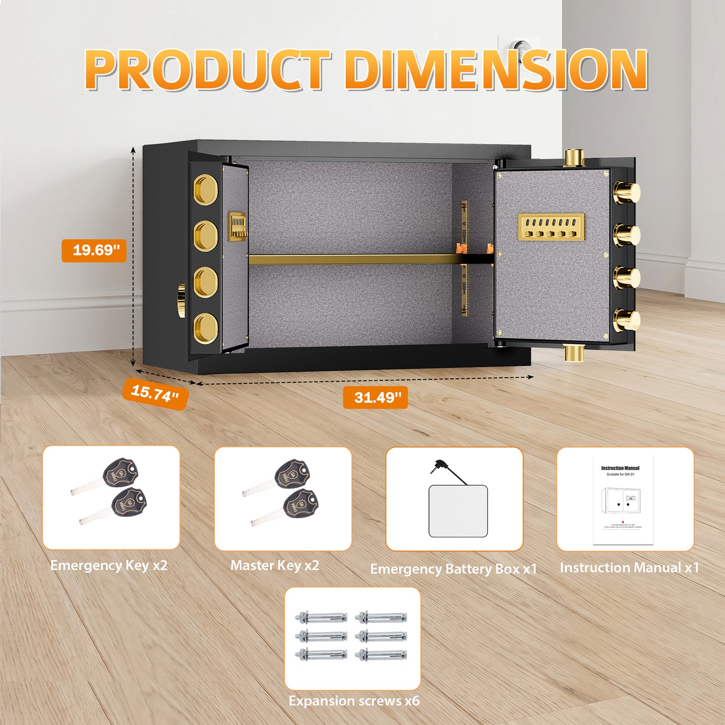 HK-DK-01 6.0 Cubic Dual Door Digital Safe Box with Double Key Lock, Home Hotel Security Cabinet with Removable and Adjustable Shelf for Jewelry Valuables