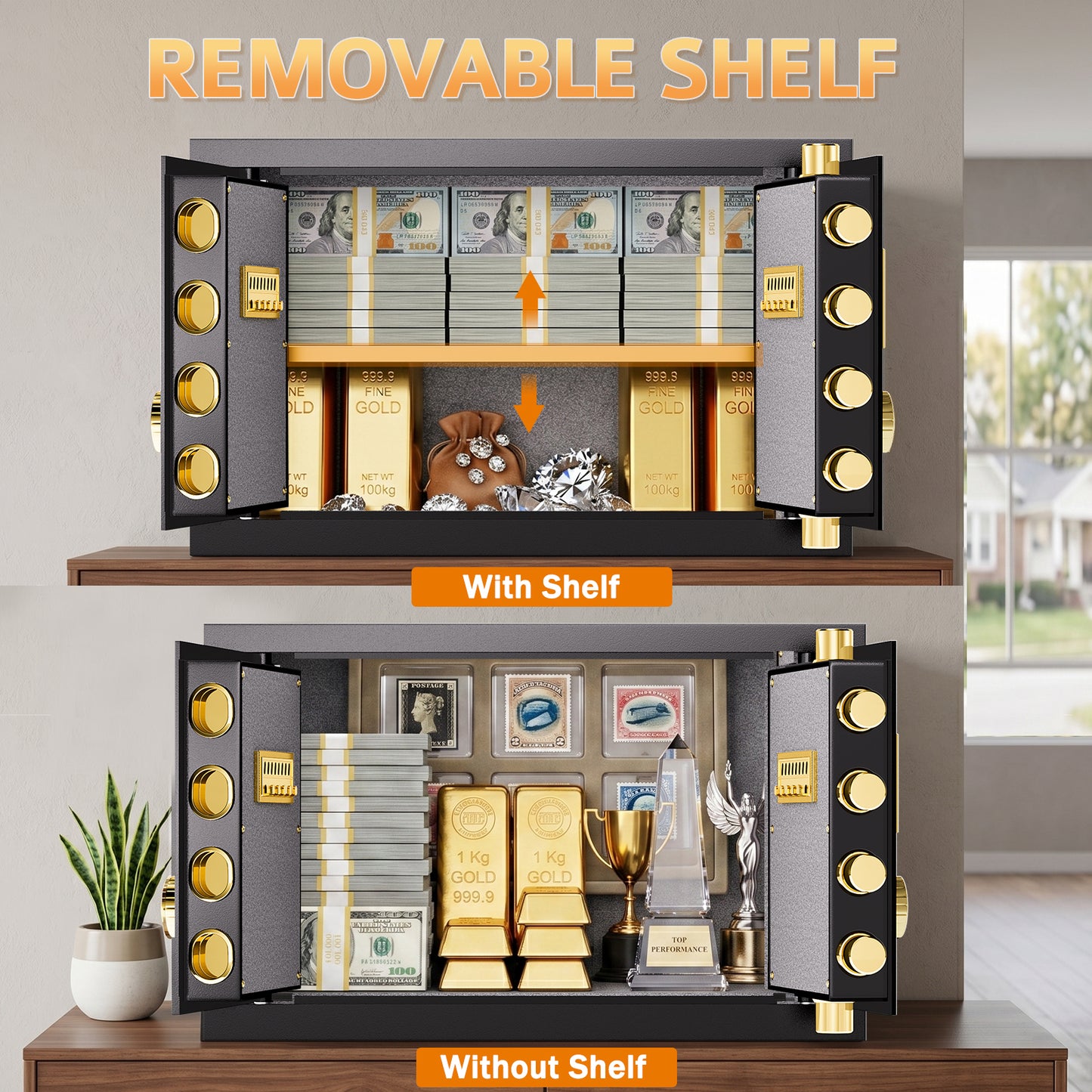 HK-DK-01 6.0 Cubic Dual Door Digital Safe Box with Double Key Lock, Home Hotel Security Cabinet with Removable and Adjustable Shelf for Jewelry Valuables