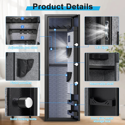 HK-G2SQ-138W  3-5 Gun Safe with Biometric Lock and Dual Alarm System, Large Gun Cabinets with 3 Adjustable Gun Slots for Home Pistols