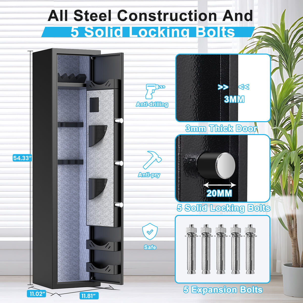 HK-G2SQ-138W  3-5 Gun Safe with Biometric Lock and Dual Alarm System, Large Gun Cabinets with 3 Adjustable Gun Slots for Home Pistols