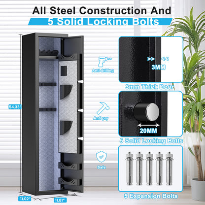 HK-G2SQ-138W  3-5 Gun Safe with Biometric Lock and Dual Alarm System, Large Gun Cabinets with 3 Adjustable Gun Slots for Home Pistols