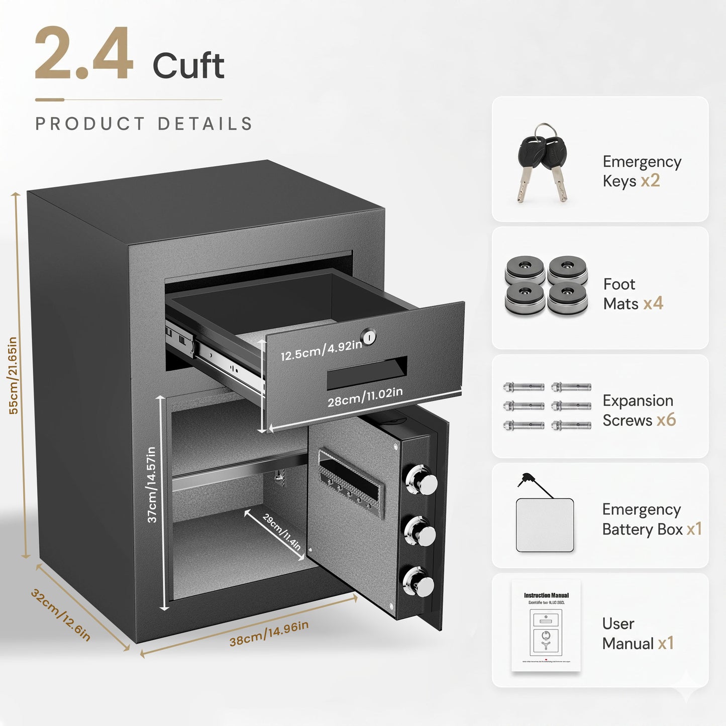 OME-G3S-55D 2.5 Cub Digital Home Safe Box with Widened Frame, Drawer & Adjustable Shelf for Jewelry Money Valuables
