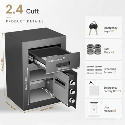 OME-G3S-55D 2.5 Cub Digital Home Safe Box with Widened Frame, Drawer & Adjustable Shelf for Jewelry Money Valuables