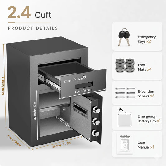 OME-G3S-55D 2.5 Cub Digital Home Safe Box with Widened Frame, Drawer & Adjustable Shelf for Jewelry Money Valuables