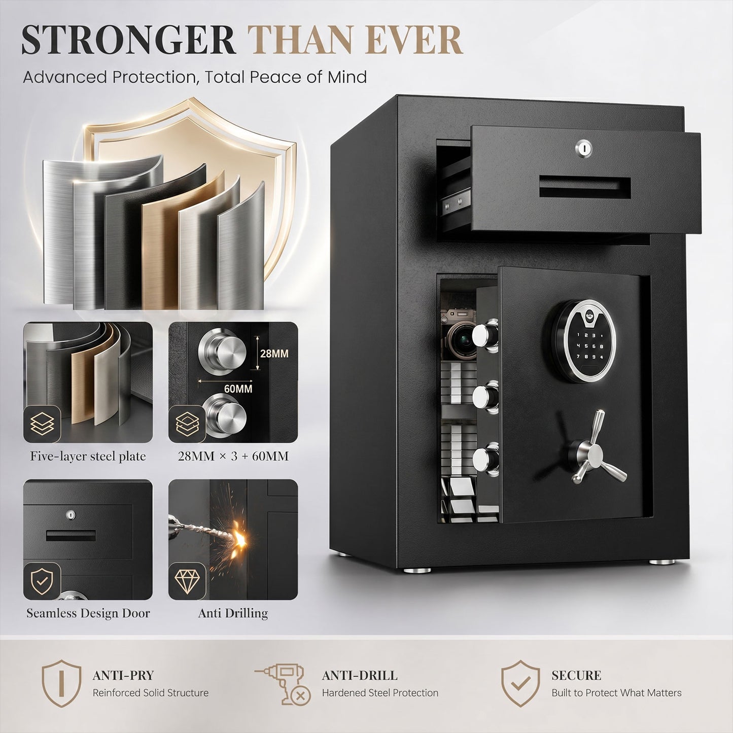 OME-G3S-55D 2.5 Cub Digital Home Safe Box with Widened Frame, Drawer & Adjustable Shelf for Jewelry Money Valuables