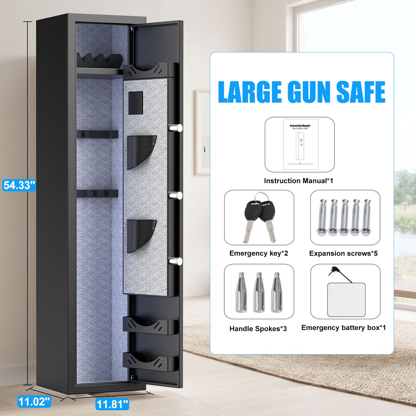 OME-G3SQ-138D 3-5 Gun Safe, 54'' Digital Gun Safe for Pistols, Electronic Safe with Removable Shelf and Backlit Keypad, Quick Access Gun Cabinet with Dual Alarm and Mute Function
