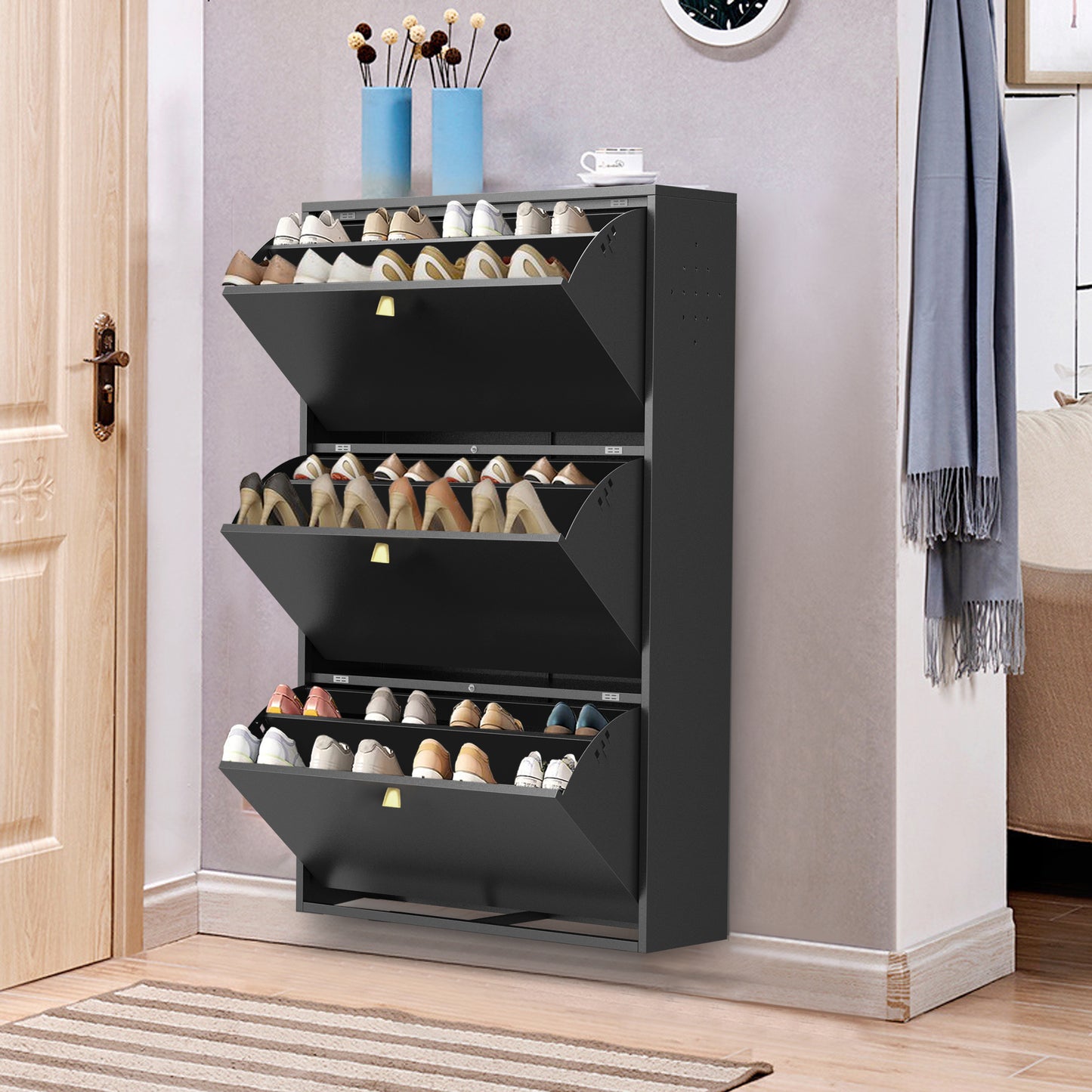 3 Drawer All Steel Shoe Cabinet, Freestanding Shoe Rack Storage Organizer with Flip Door, for Entryway, Hallway, Bedroom, Black (Requires Assembly)