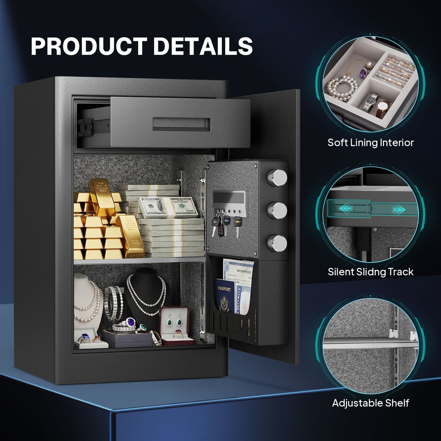 BM-K1C-65D 6.1 Cub Home Safe Box, Large Capacity Safe with Gewelry Drawers, Digital Safe with Removable Shelves and Alarm System