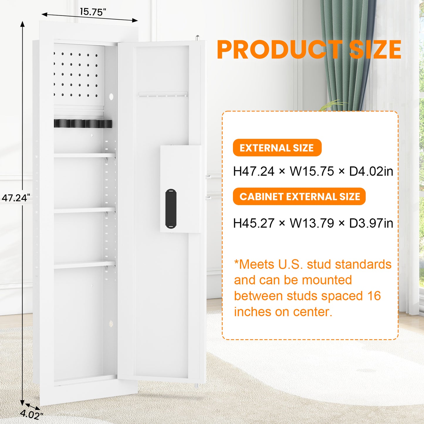 OME K2V-120BD 47.24" Wall Safe Between the Studs, Hidden Safe with Removable Pegboard, Wall Gun Safe with 3 Adjustable Shelves and Magnetic Slot (White-Digital)