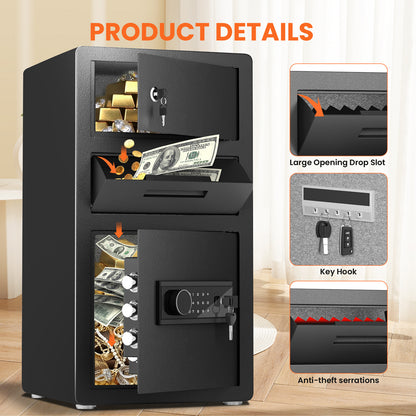 Kav KKT-68D 6.0 CuFt Large Dual-Compartment Home & Office Safe with Drop Slot, Digital Keypad Lock + Key –  Anti-Theft Storage for Cash, Jewelry, Cameras, Documents, and Valuables (Black)