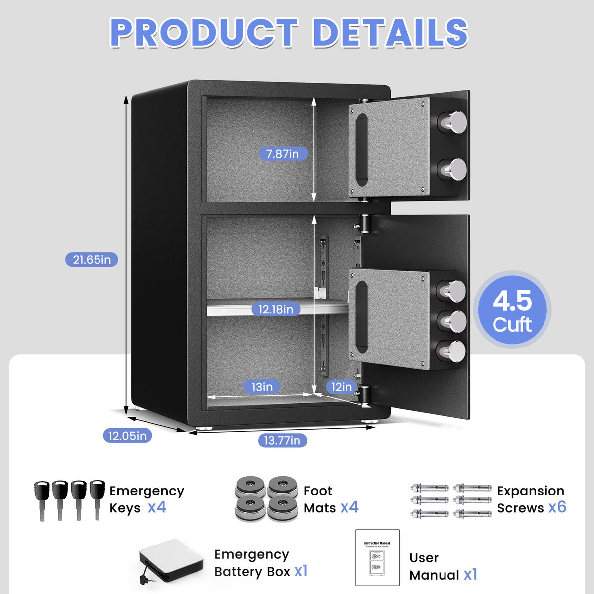 HK-KL-55SD 4.5 Cubic Digital Money Safe Box with Double Door & Adjustable Shelves, Home Security Safe with Dual Alarm System & Mute Mode for Valuables Storage
