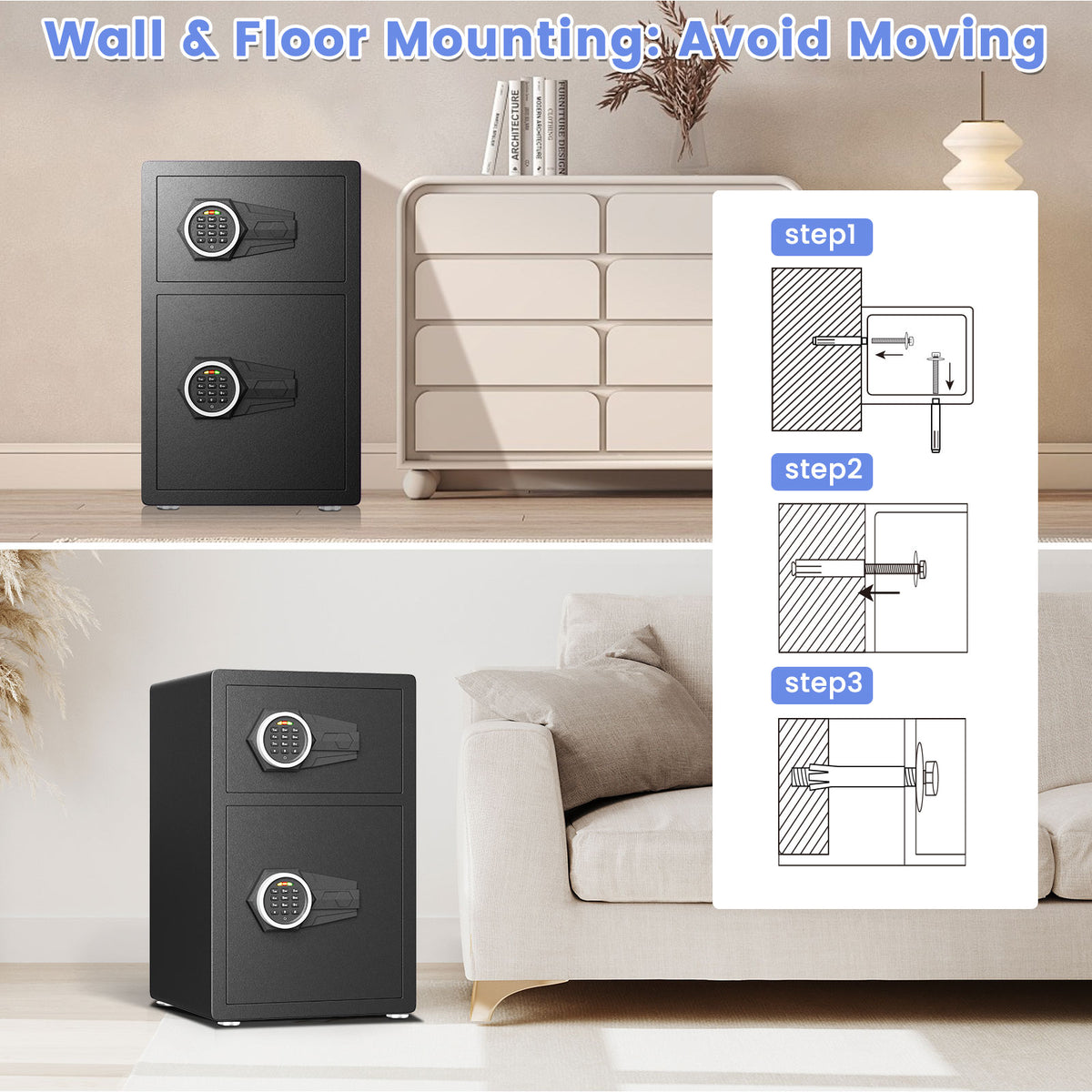 HK-KL-55SD 4.5 Cubic Digital Money Safe Box with Double Door & Adjustable Shelves, Home Security Safe with Dual Alarm System & Mute Mode for Valuables Storage