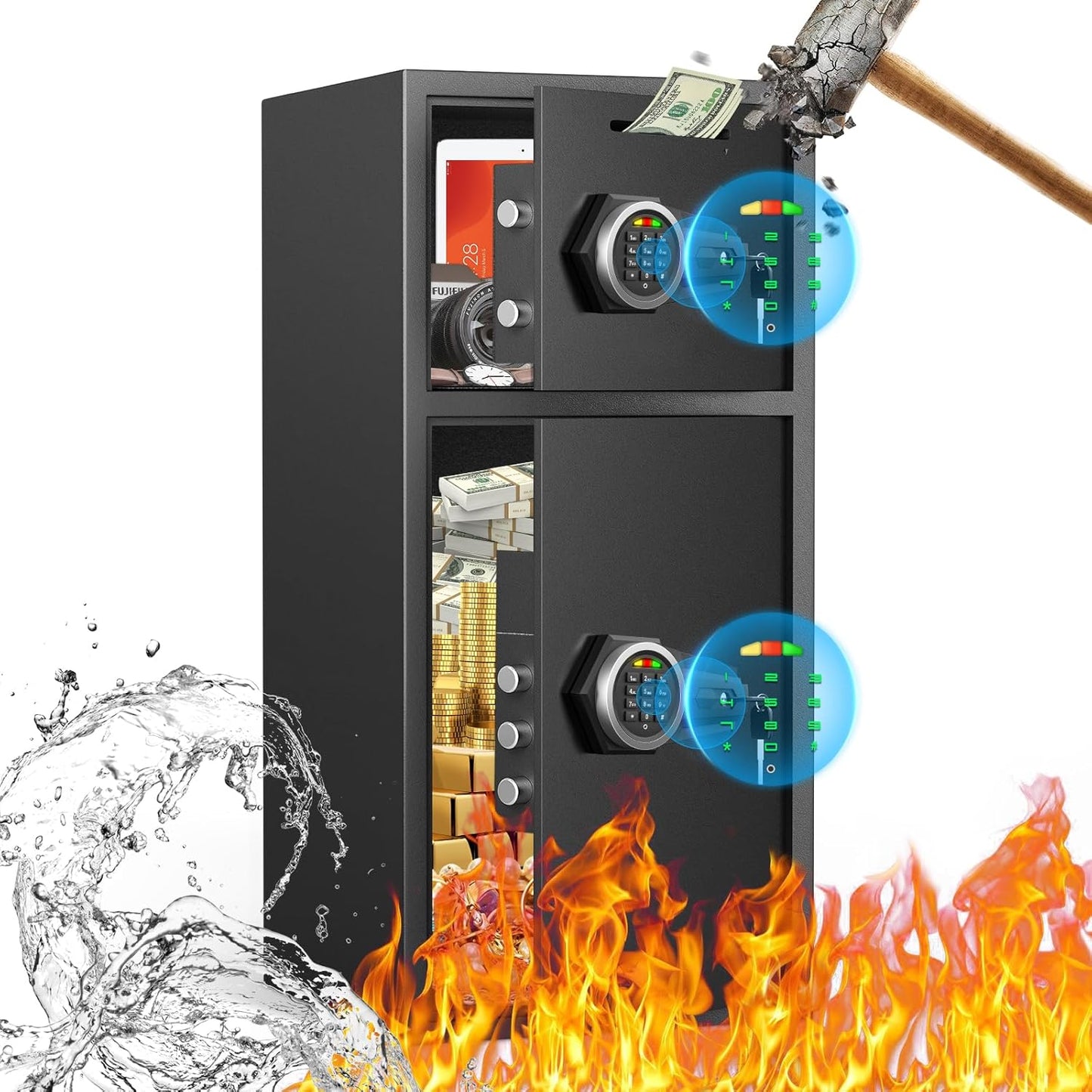 HK-KL-85D 7.0 Cub Extra Large Home Safe Fireproof Waterproof with Backlit Keypad & Adjustable Shelf, Money Safe with Deposit Slot & Dual Alarm System, Security Box for Money Valuables