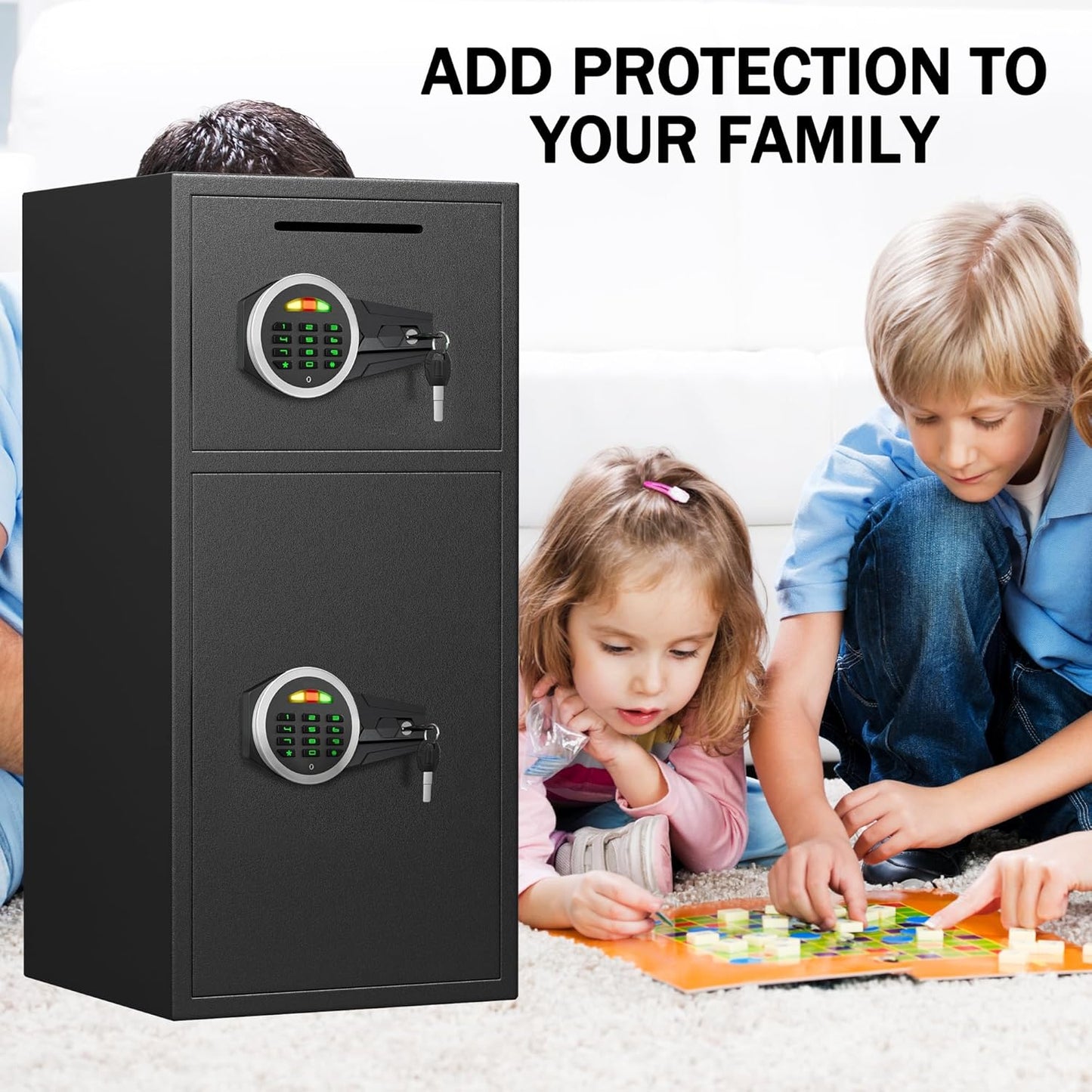 HK-KL-85D 7.0 Cub Extra Large Home Safe Fireproof Waterproof with Backlit Keypad & Adjustable Shelf, Money Safe with Deposit Slot & Dual Alarm System, Security Box for Money Valuables