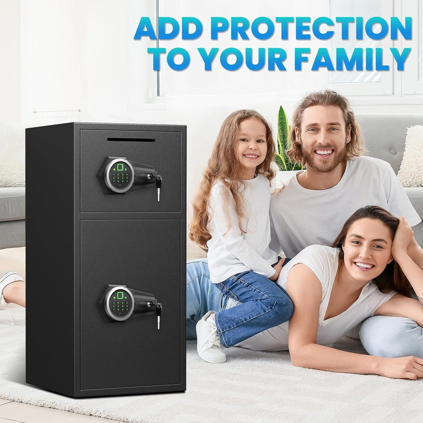 Riflewell-KL-85W-7.0 Cu Ft Biometric Fingerprint Safe Box, Large Double Door Security Cabinet with Drop Slot & Dual LED Light, Alloy Steel Home Safe with Digital Keypad for Money Valuables Documents, Black