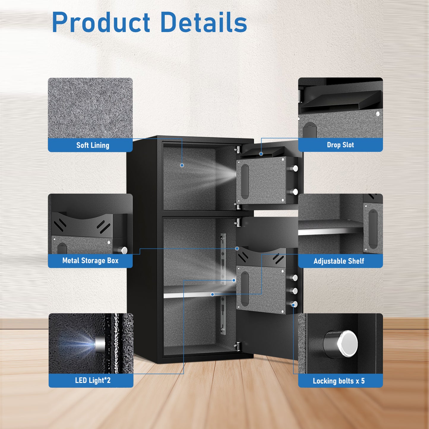 Riflewell-KL-85W-7.0 Cu Ft Biometric Fingerprint Safe Box, Large Double Door Security Cabinet with Drop Slot & Dual LED Light, Alloy Steel Home Safe with Digital Keypad for Money Valuables Documents, Black