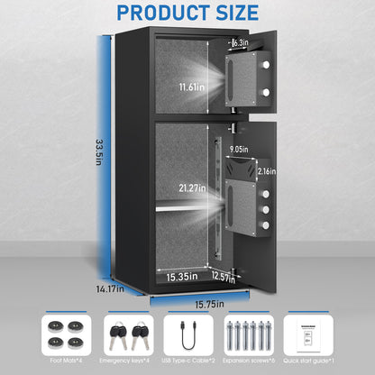 Riflewell-KL-85W-7.0 Cu Ft Biometric Fingerprint Safe Box, Large Double Door Security Cabinet with Drop Slot & Dual LED Light, Alloy Steel Home Safe with Digital Keypad for Money Valuables Documents, Black