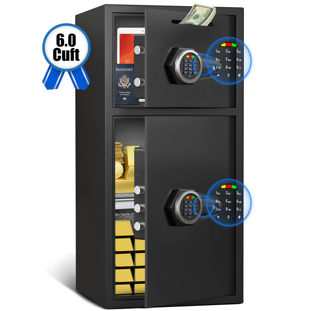 HK-KL-65D Large Double Door Safe Box Fireproof Waterproof, 6.0 Cu ft Security Safe with LED Light and Dual Alarm System, Home Safes Digital Keypad and Mute Function, Security Lock Box for Money and Valuables