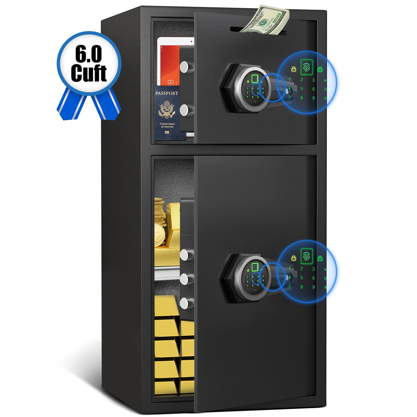 HK-KL-65W 6.0 Cu.ft. Large Safe Box with LED Light, Fingerprint Password Personal Safes with Deposit Slot & Dual Alarm System, Security Box for Valuables