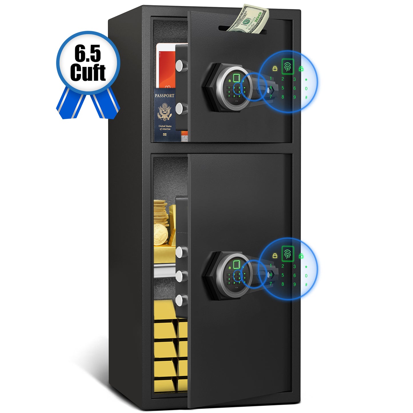 OME KL-75W 6.5 Cub Large Home safe Fireproof Waterproof, Biometric Safe Box with Slot & Metal Deposit Storage Box, Money Box with Dual Alarm System & Mute Mode for Valuables