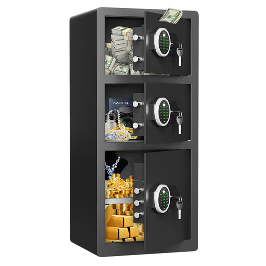 Riflewell-KM-90D 8.0 Cub Fireproof Safe, 3-door digital security cabinet with quick access deposit slot, key hook, adjustable shelf, backlit keypad and dual alarm for home use