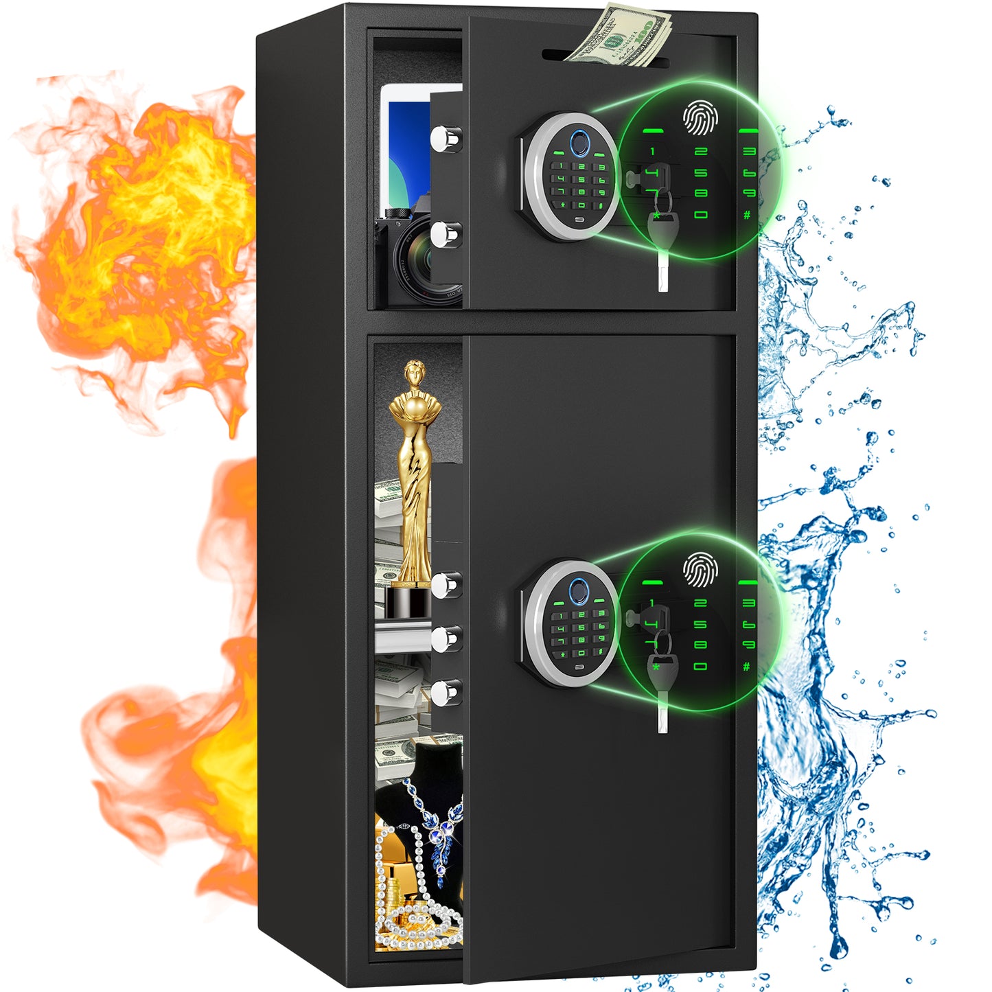 OME KM-85W 7.0 Cuft Extra Large Home Safe Box Fireproof Waterproof, Fingerprint Safe, Home Security Safes Box with Adjustable Shelf & Deposit Slot, Money Safes with Backlit Keypad & Dual Alarm for Home Office