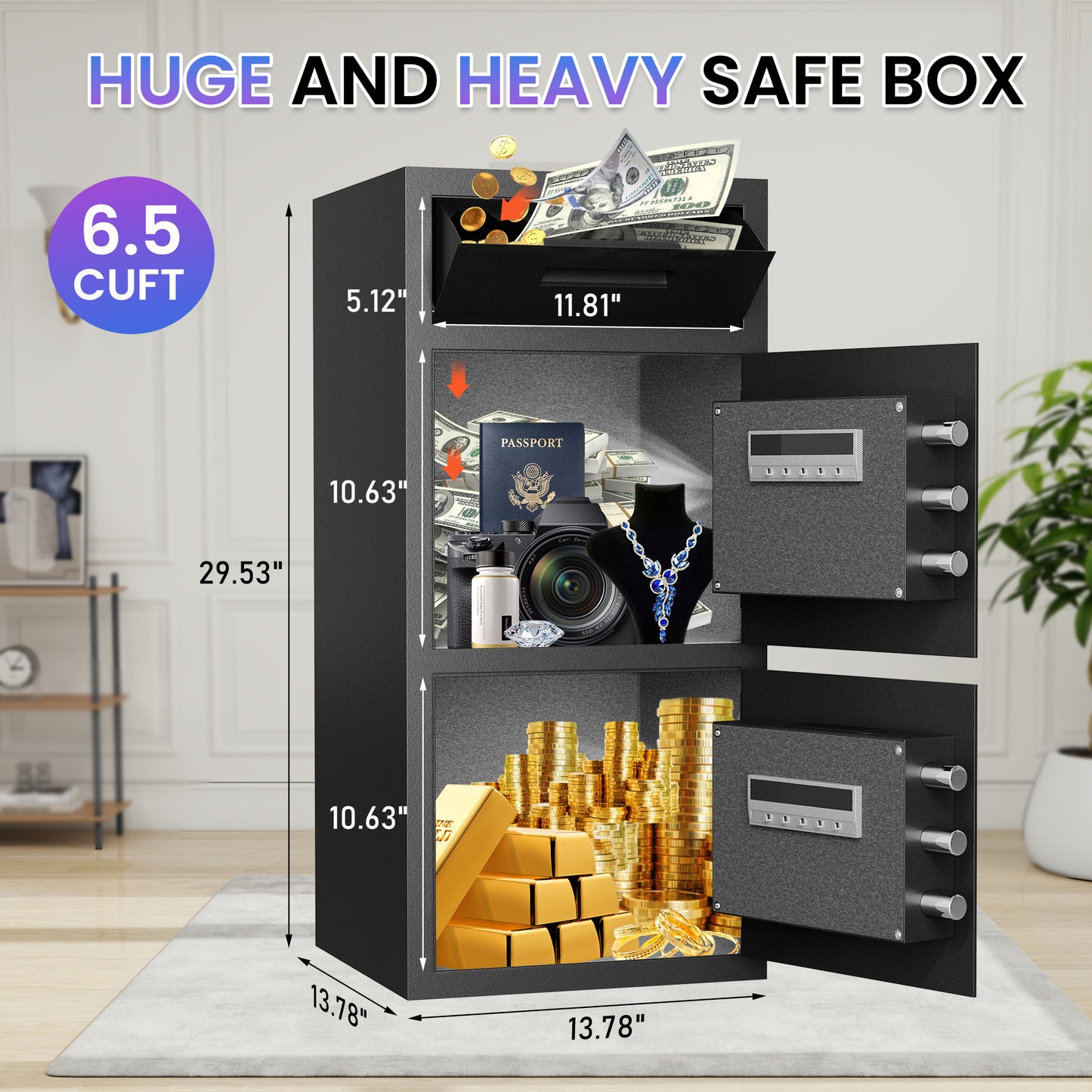 Riflewell-KMT-75-6.5 Cub Safes Box, Fireproof Safes For Home, Fireproof Safes For Home With Double Door & Key Hook, With Backlit Keypad & Dual Alarm For Home Office Business Home Safes