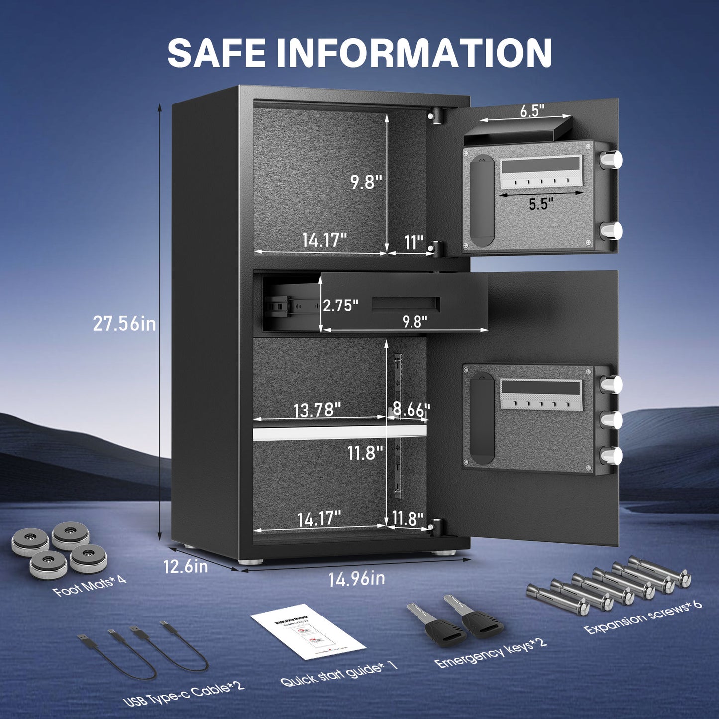 BM-KO-70D 6.3 Cu Ft Outdoor Security Safe Box with Jewelry Drawer & Hooks, Dual Alarm & Mute Function