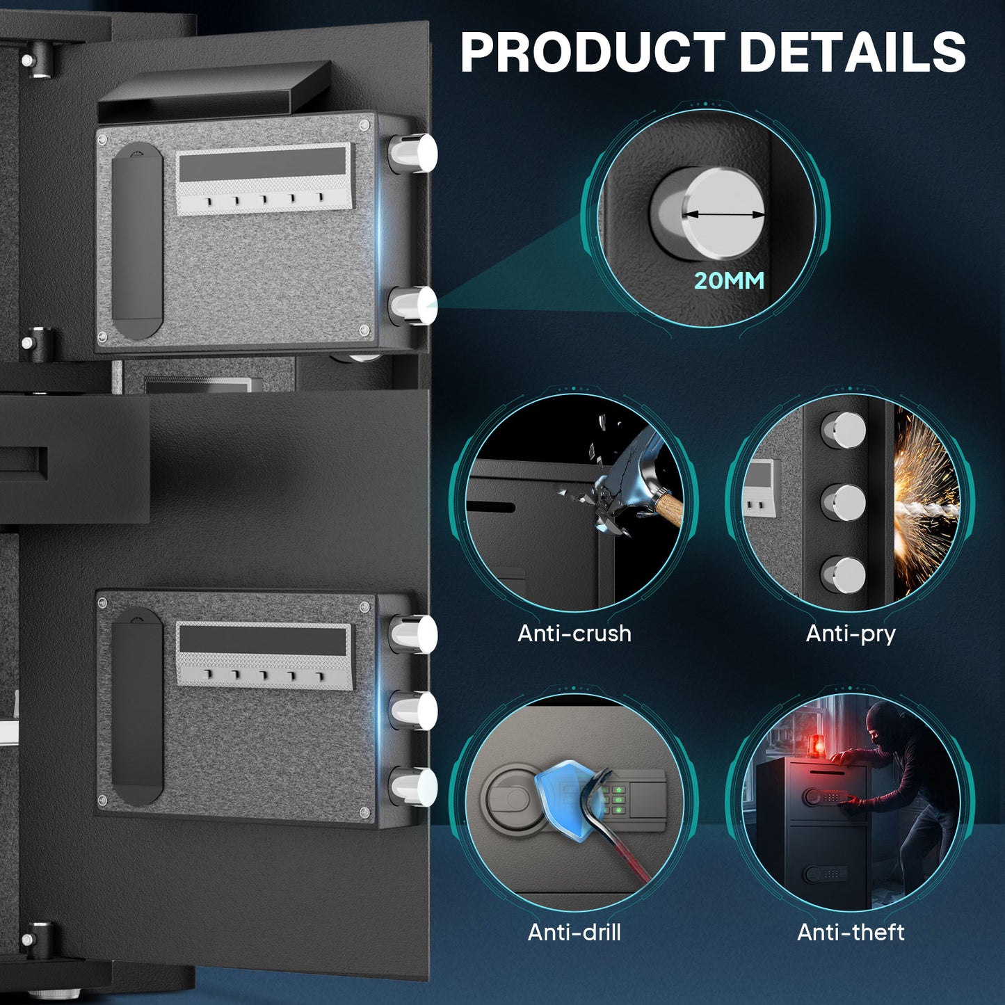 BM-KO-70D 6.3 Cu Ft Outdoor Security Safe Box with Jewelry Drawer & Hooks, Dual Alarm & Mute Function