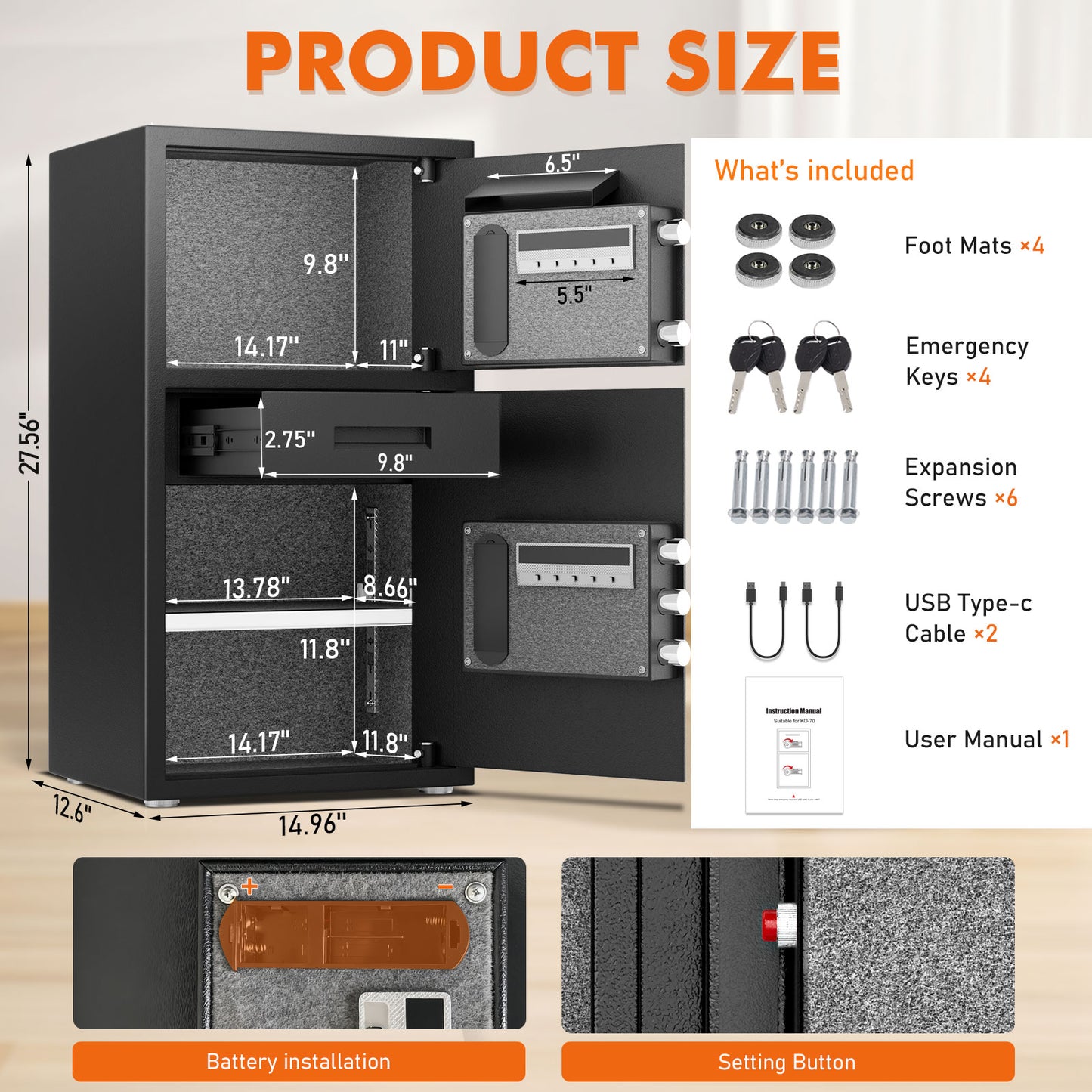 Kavey KO-70D 6.0 Cu ft Safe Box, Steel Security Safes with Jewelry Drawer Room & Hooks, Home Safe with Dual Alarm & Mute Function, Money Safe with Adjustable Shelf for Documents and Valuables