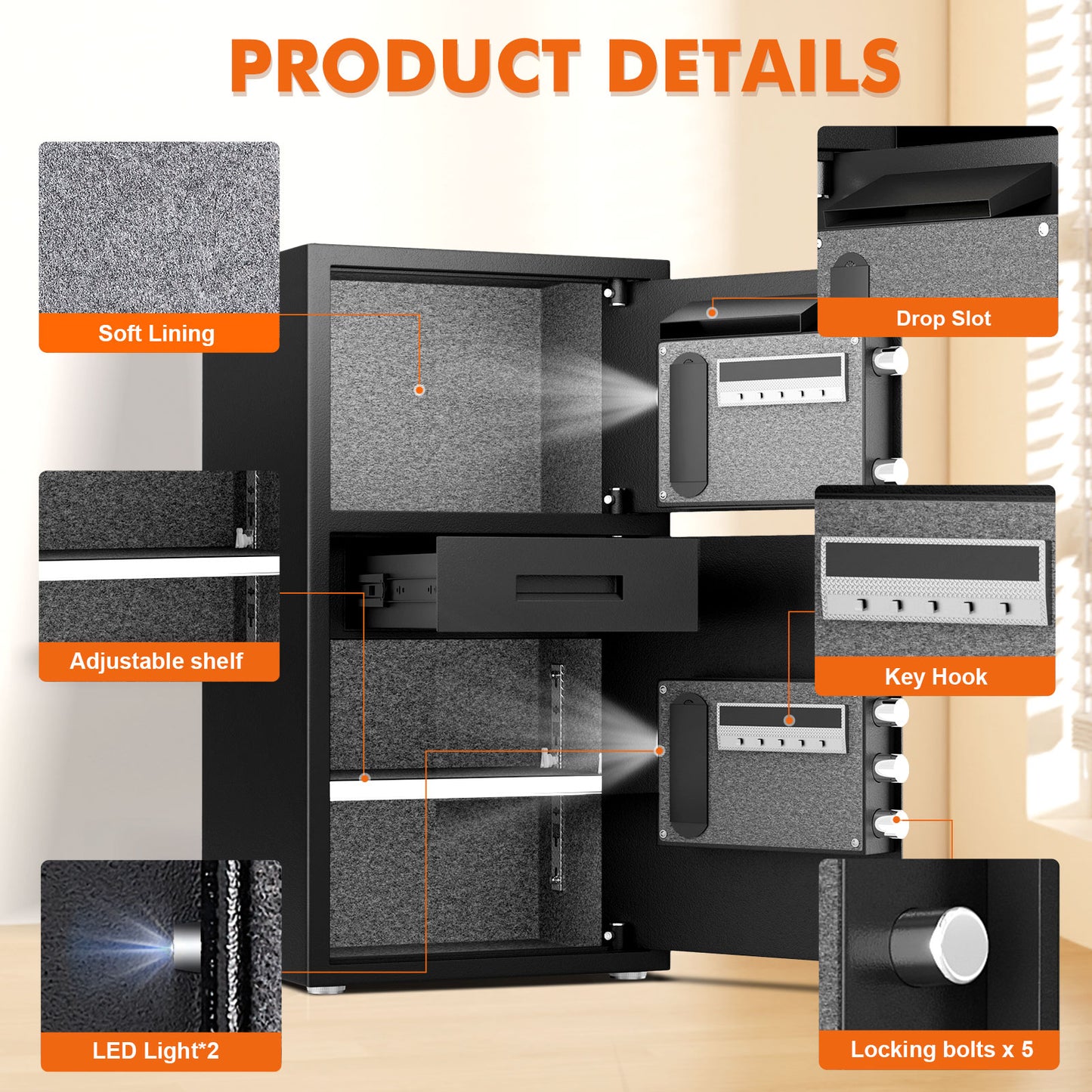 Kavey KO-70D 6.0 Cu ft Safe Box, Steel Security Safes with Jewelry Drawer Room & Hooks, Home Safe with Dual Alarm & Mute Function, Money Safe with Adjustable Shelf for Documents and Valuables