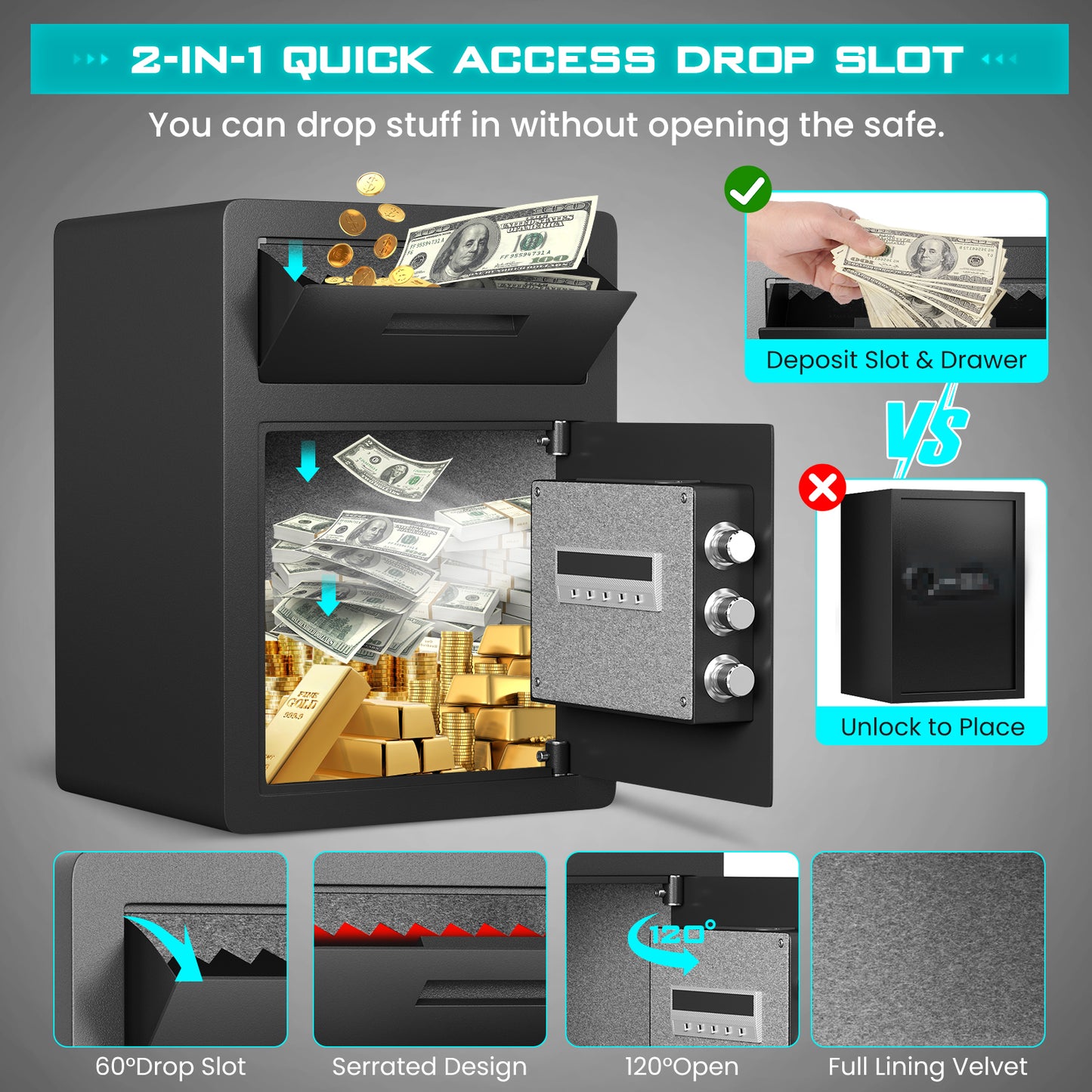 Kavey 2.0 Cub Fireproof Drop Safe, Safe with Drop Slot, Drop Slot Safes with Front Load Drop Box and Digital Touch Screen Keypad, Heavy Duty Money Safe Box for Business Office Home