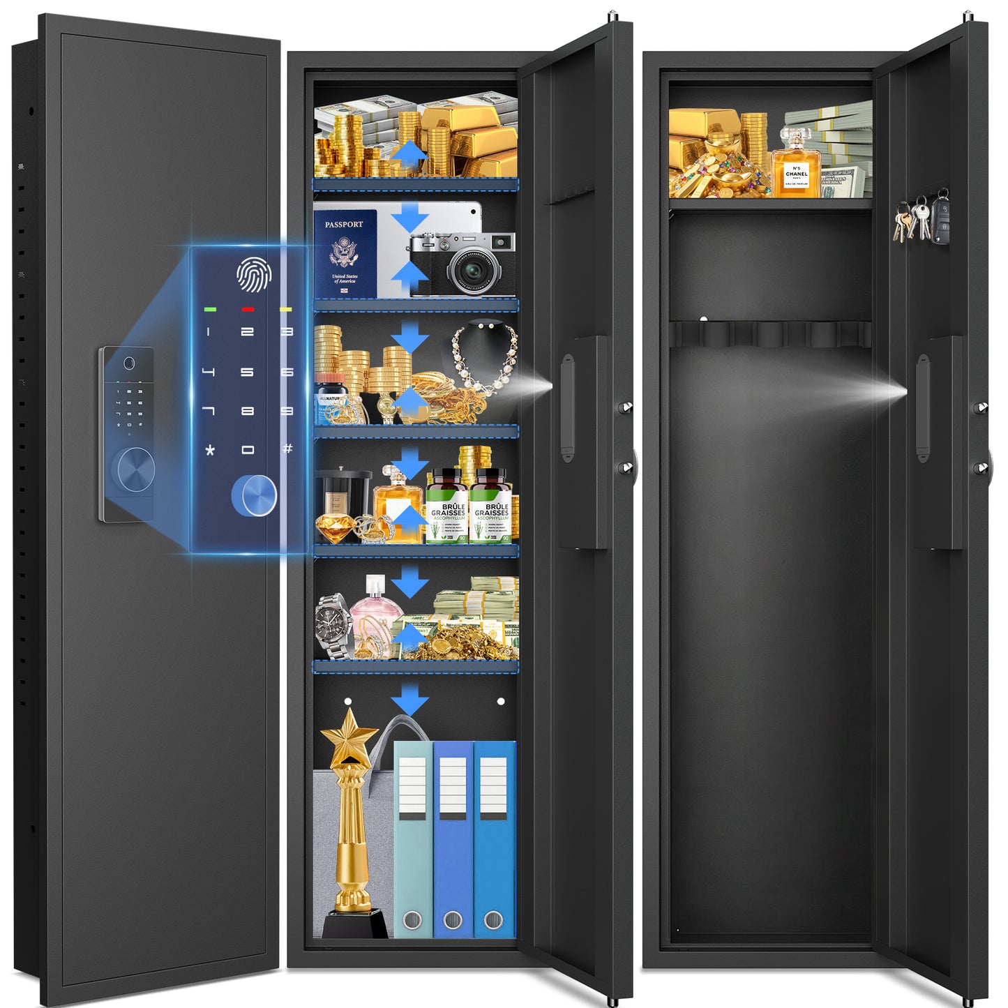 SDI-KW-135HW 53.15" Wall Safe Between the Studs, Biometric Fingerprint Hidden Gun Storage Safe with Dual Alarm System and Silent Mode, Wall Gun Safe with 3 Adjustable Shelves and Magnetic Slot