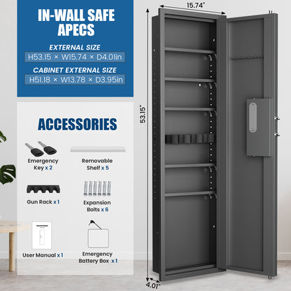 SDI-KW-135HW 53.15" Wall Safe Between the Studs, Biometric Fingerprint Hidden Gun Storage Safe with Dual Alarm System and Silent Mode, Wall Gun Safe with 3 Adjustable Shelves and Magnetic Slot
