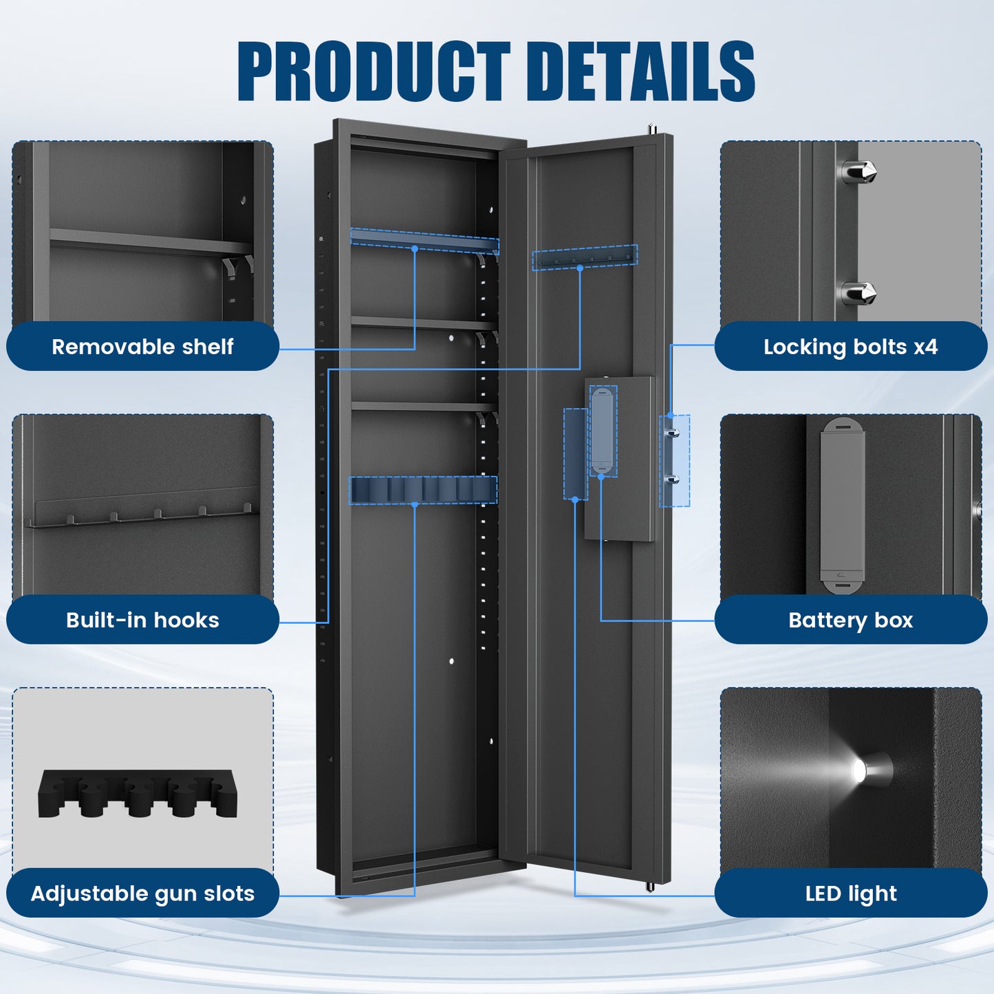 SDI-KW-135HW 53.15" Wall Safe Between the Studs, Biometric Fingerprint Hidden Gun Storage Safe with Dual Alarm System and Silent Mode, Wall Gun Safe with 3 Adjustable Shelves and Magnetic Slot