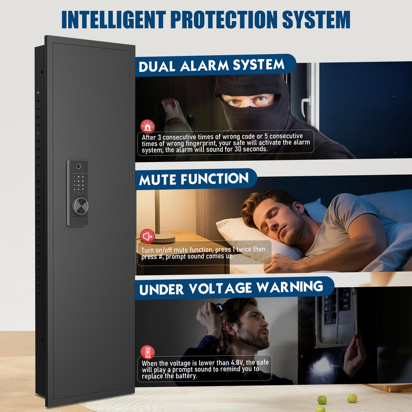 SDI-KW-135HW 53.15" Wall Safe Between the Studs, Biometric Fingerprint Hidden Gun Storage Safe with Dual Alarm System and Silent Mode, Wall Gun Safe with 3 Adjustable Shelves and Magnetic Slot