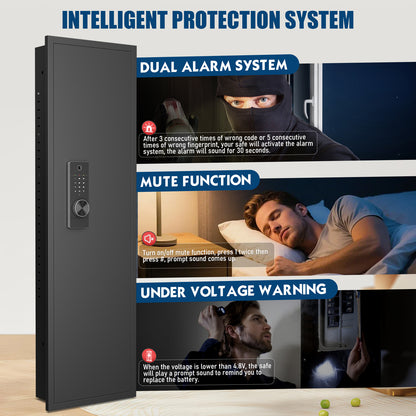 SDI-KW-135HW 53.15" Wall Safe Between the Studs, Biometric Fingerprint Hidden Gun Storage Safe with Dual Alarm System and Silent Mode, Wall Gun Safe with 3 Adjustable Shelves and Magnetic Slot