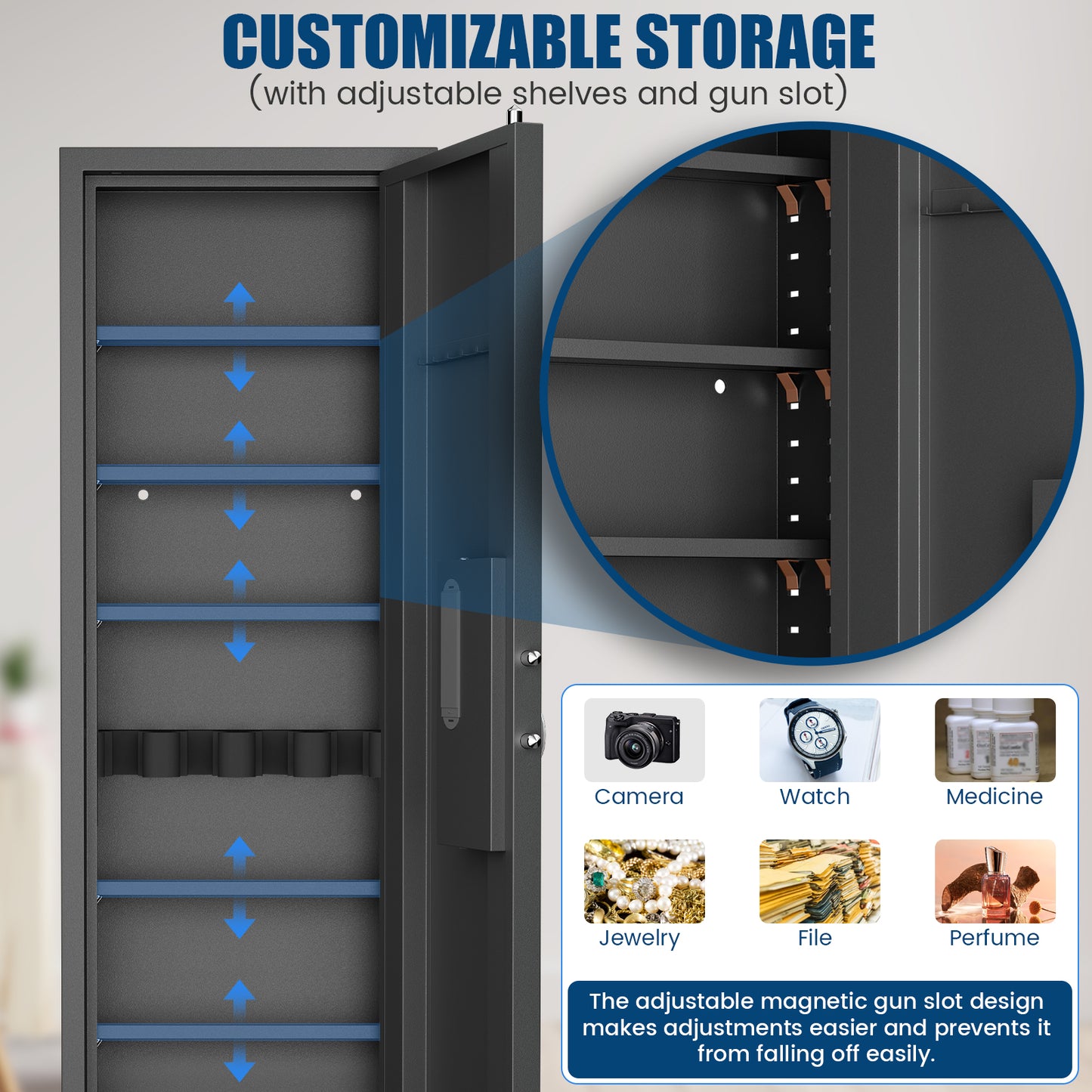 SDI-KW-135HW 53.15" Wall Safe Between the Studs, Biometric Fingerprint Hidden Gun Storage Safe with Dual Alarm System and Silent Mode, Wall Gun Safe with 3 Adjustable Shelves and Magnetic Slot
