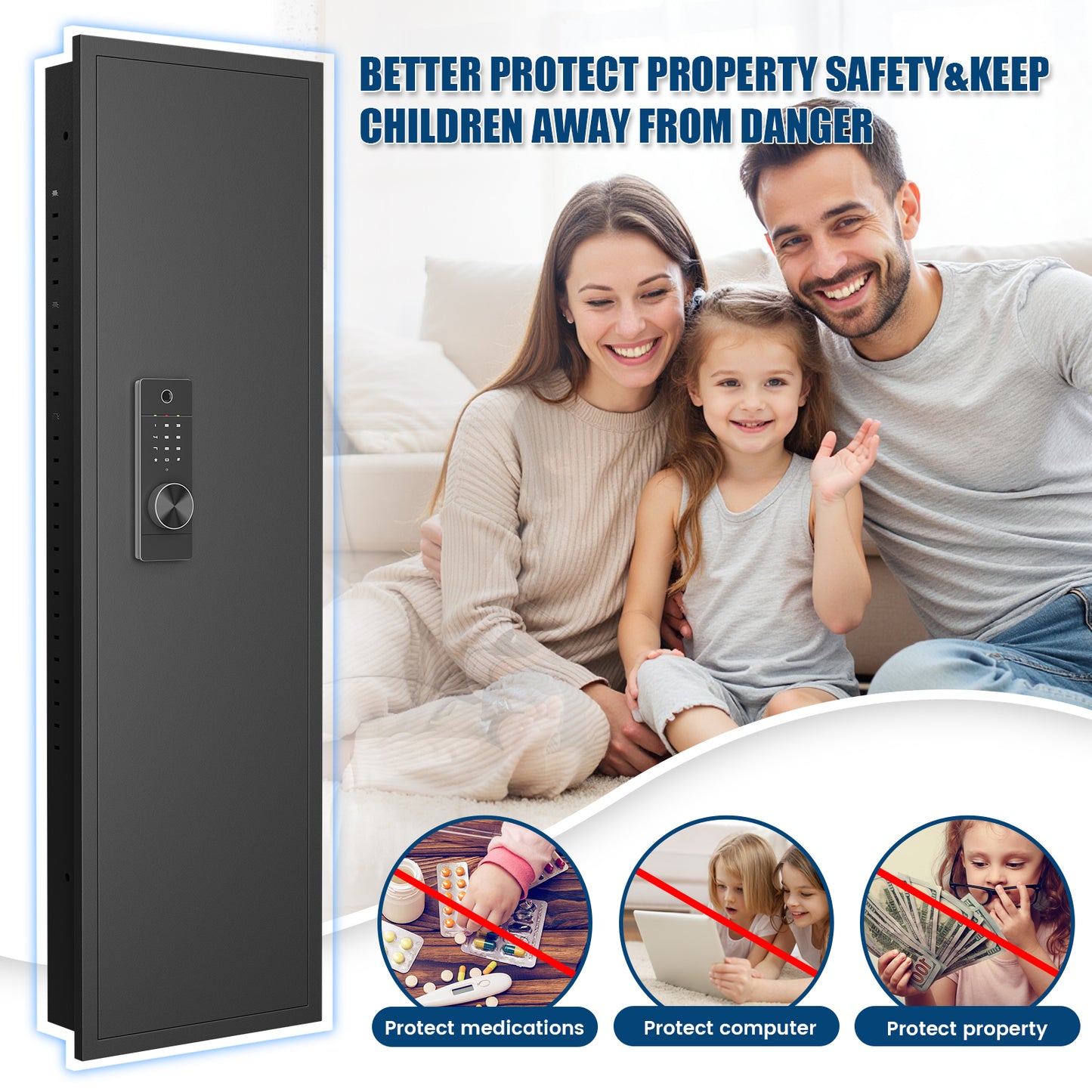SDI-KW-135HW 53.15" Wall Safe Between the Studs, Biometric Fingerprint Hidden Gun Storage Safe with Dual Alarm System and Silent Mode, Wall Gun Safe with 3 Adjustable Shelves and Magnetic Slot