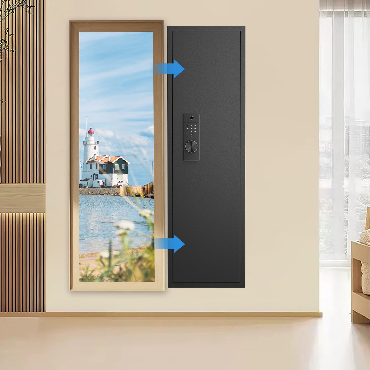 SDI-KW-135HW 53.15" Wall Safe Between the Studs, Biometric Fingerprint Hidden Gun Storage Safe with Dual Alarm System and Silent Mode, Wall Gun Safe with 3 Adjustable Shelves and Magnetic Slot