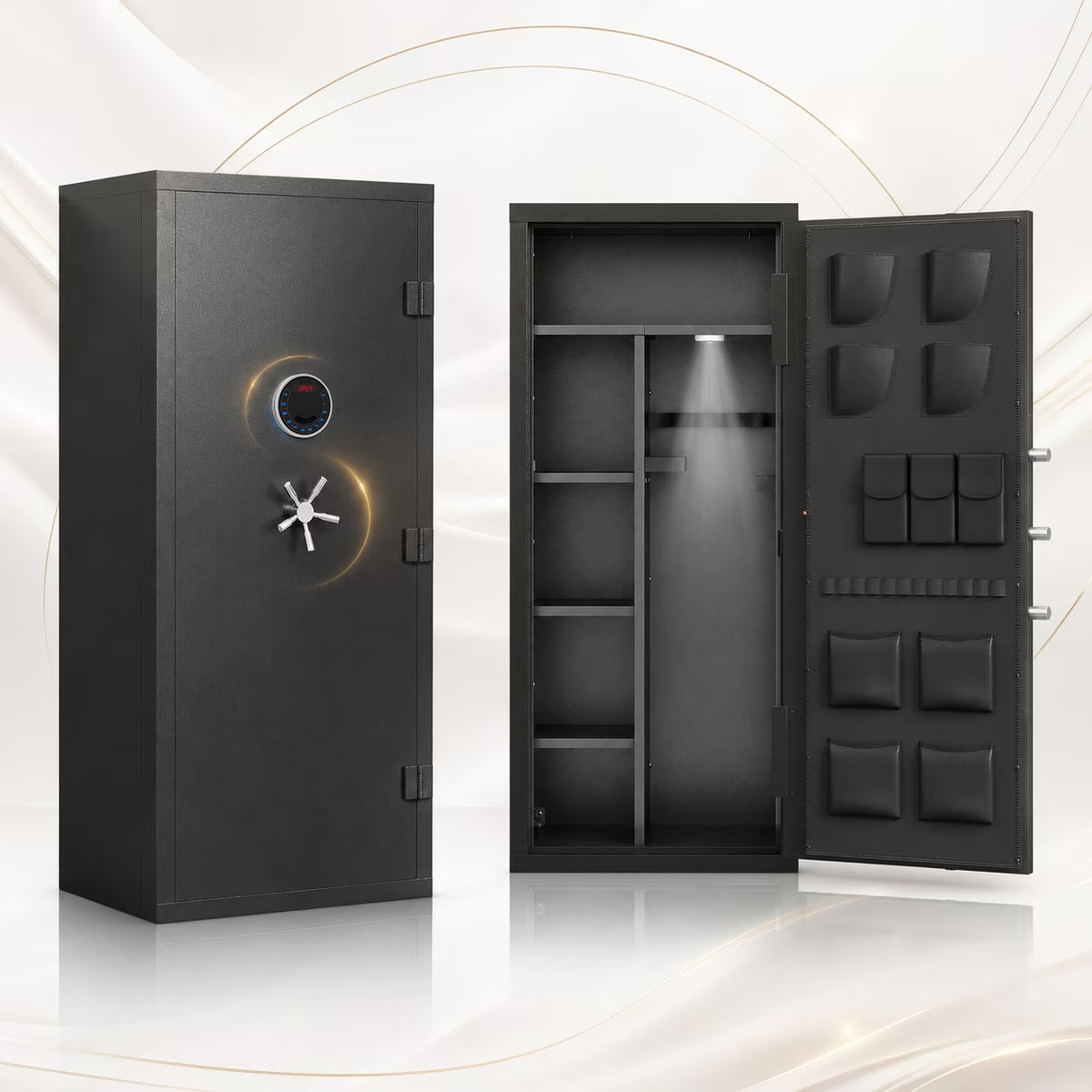 OME-AKG5N-132D Multi Functional Gun Safe, 15-18 Unassembled Biometric Gun Safe for Rifles and Pistols with Inner Lock Box, Removable Shelves & DIY Stickers, 54'' Large Gun Cabinet with Dual Alarm & Mute Function