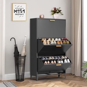 OME-SC-109B Shoe Cabinet for Entryway, Freestanding Shoe Rack Metal Shoe Storage Cabinet with 3 Flip Drawers & Adjustable Shelf, Modern Slim Black Shoe Organizer Cabinet for Heels, Boots, Slippers