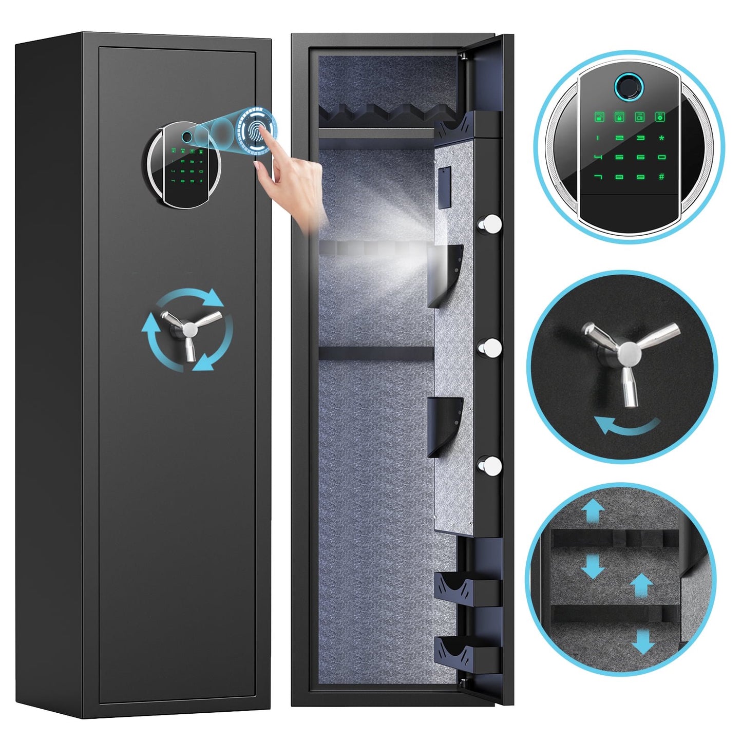 SDI-G2SQ-138W 5-10 Gun Safe, Biometric Long Gun Safes with Fingerprint, Digital Gun Safe with Backlit Keypad & LED Light, Gun Cabinet with 3 Adjustable Gun Slots, Removable Shelf, Ammo Box