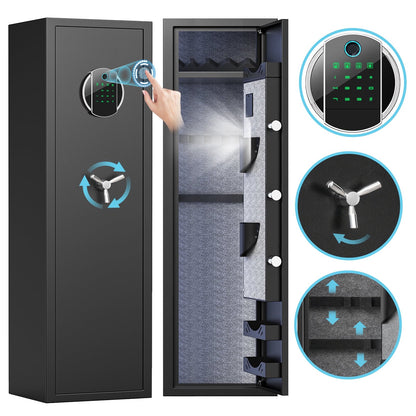 SDI-G2SQ-138W 5-10 Gun Safe, Biometric Long Gun Safes with Fingerprint, Digital Gun Safe with Backlit Keypad & LED Light, Gun Cabinet with 3 Adjustable Gun Slots, Removable Shelf, Ammo Box