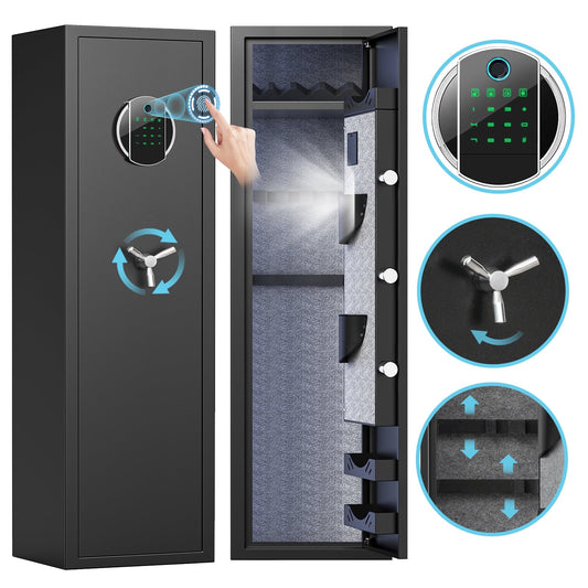 SDI-G2SQ-138W 5-10 Gun Safe, Biometric Long Gun Safes with Fingerprint, Digital Gun Safe with Backlit Keypad & LED Light, Gun Cabinet with 3 Adjustable Gun Slots, Removable Shelf, Ammo Box