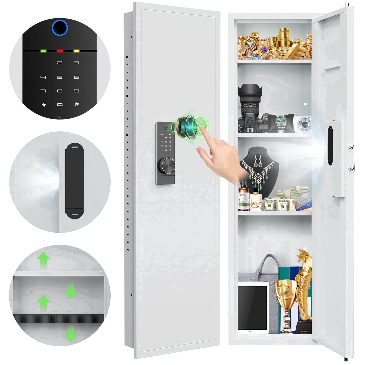 SDI-KW-135BW, Silkight 53.15" Wall Safe - Biometric Hidden Safe with Dual Alarm System, 3 Adjustable Shelves - White